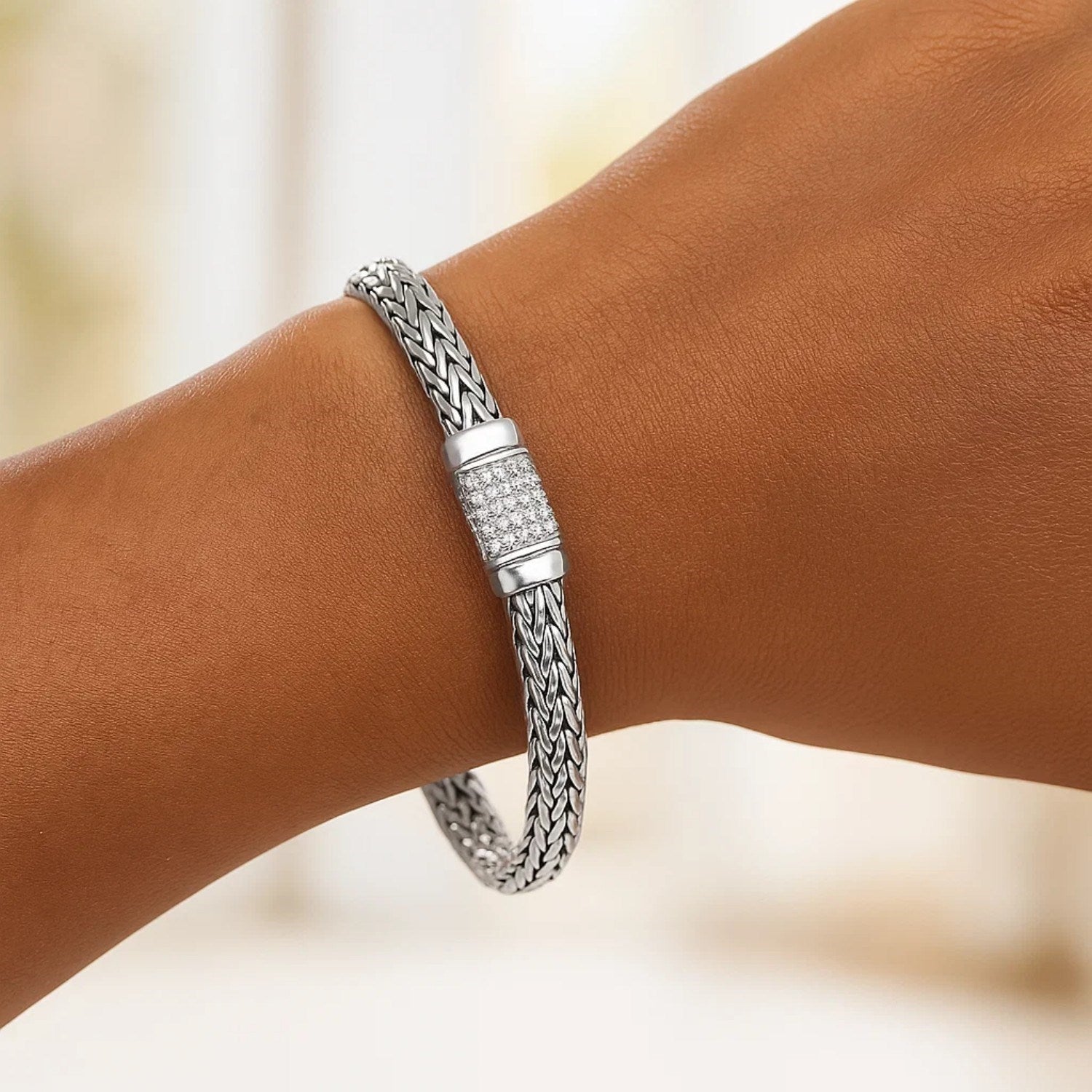 Sterling Silver Weave Motif Bracelet with White Sapphire Accents (6.35 mm)
