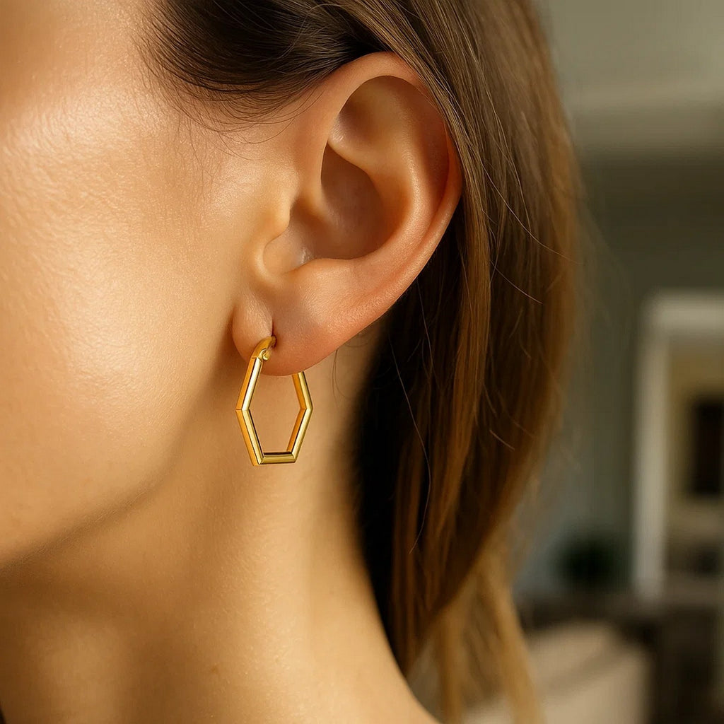 14K Yellow Gold Hexagon Shaped Hoop Earrings