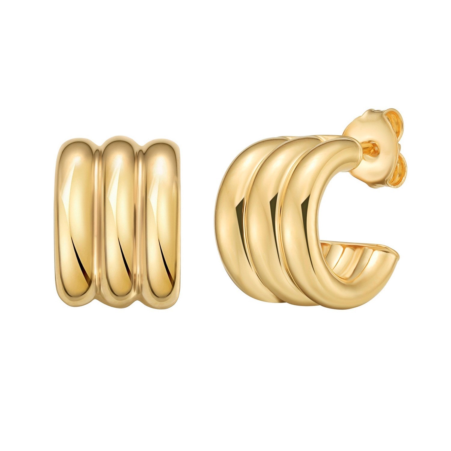 Sterling Silver Yellow Gold Plated Triple Row C Hoop Earrings