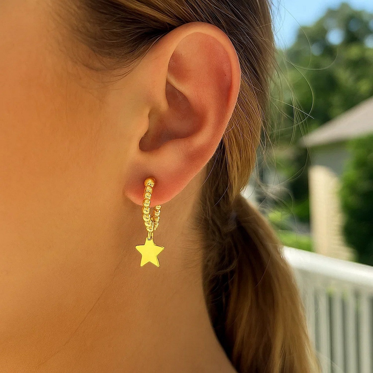 14K Yellow Gold Drop Star Charm Beaded Hoop Earrings