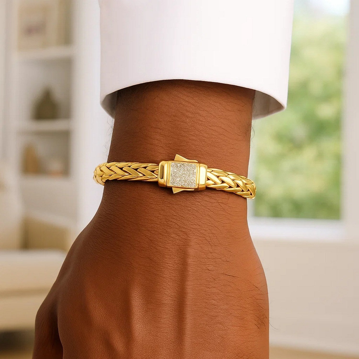 Woven Rope Bracelet with Diamond Accented Clasp in 14k Yellow Gold