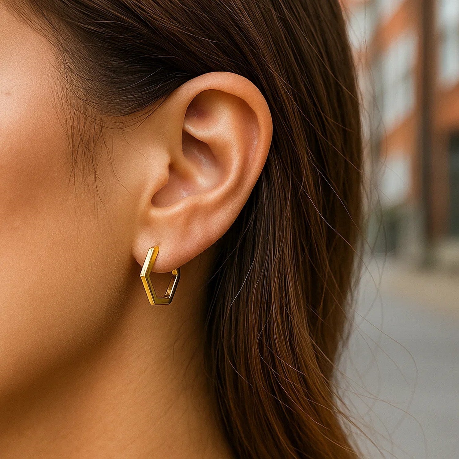 14k Yellow Gold Hexagon Huggie Hoops Earrings