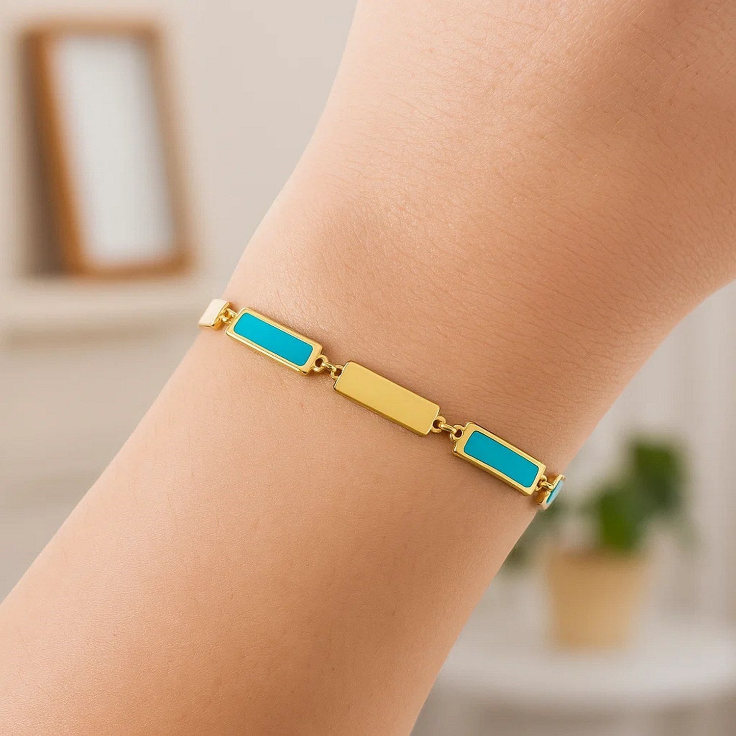 14K Yellow Gold Turquoise Rectangle Links Bracelet (3.50 mm)