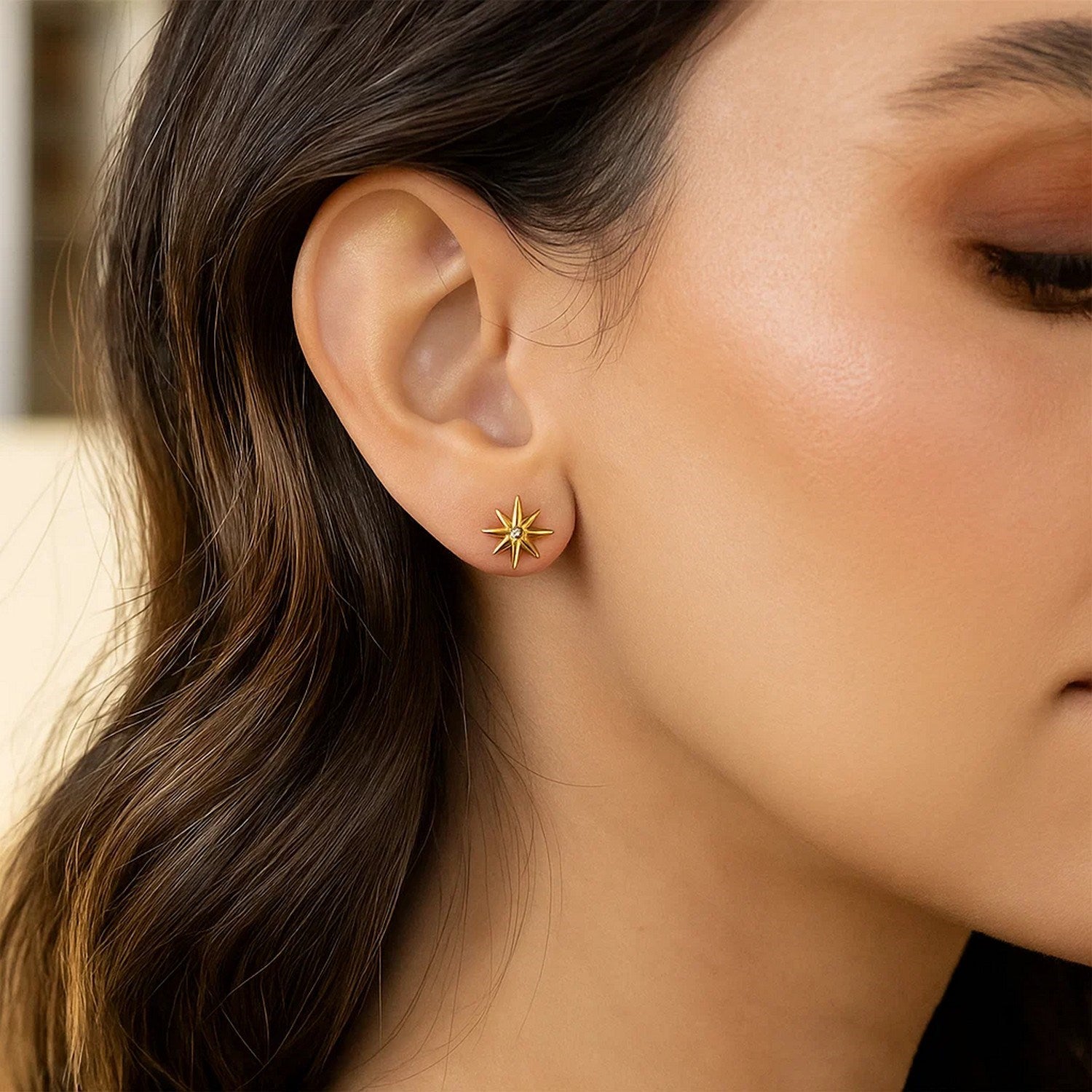 14K Yellow Gold High Polish North Star Diamond Earrings