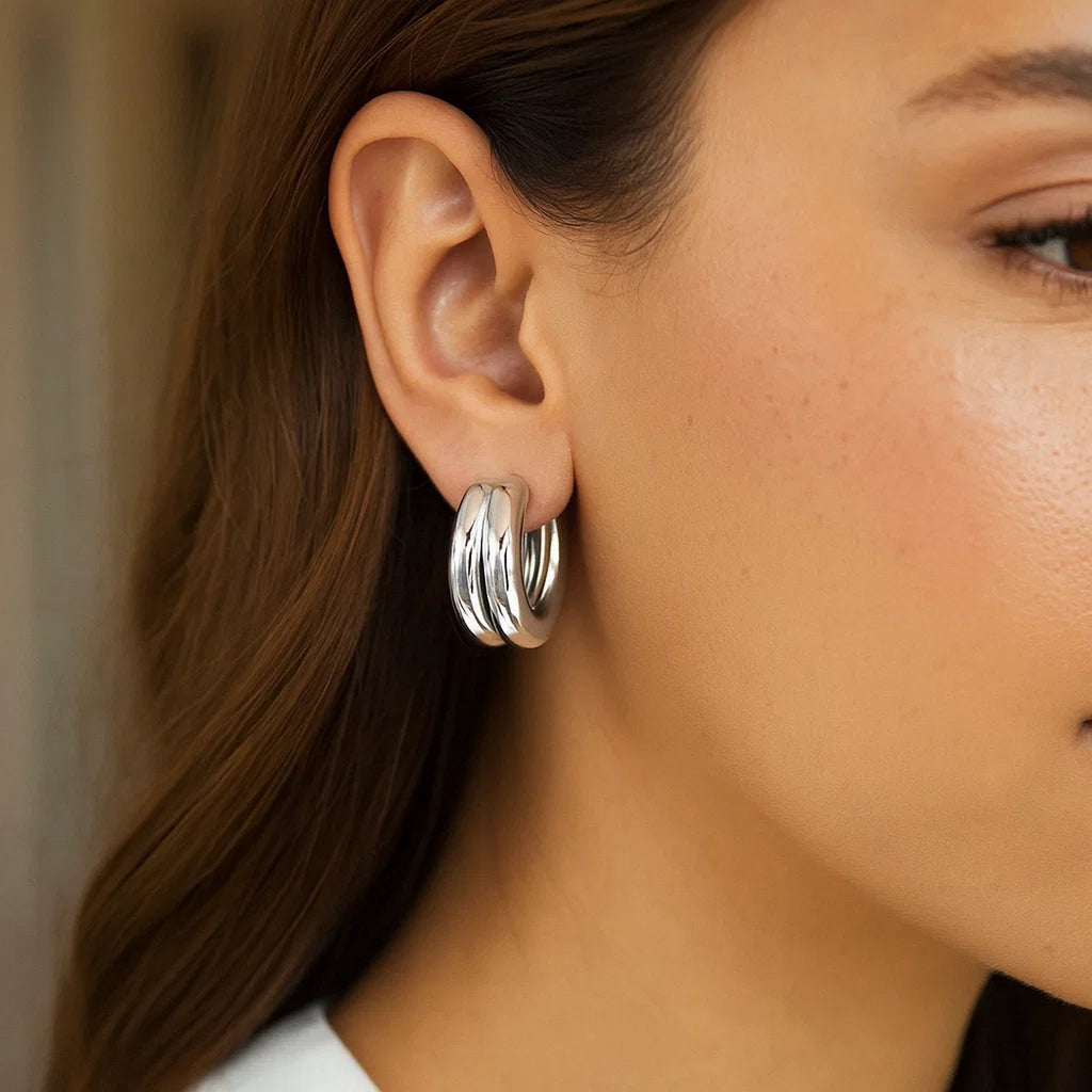 Sterling Silver Puffed Double Row Hoop Earrings