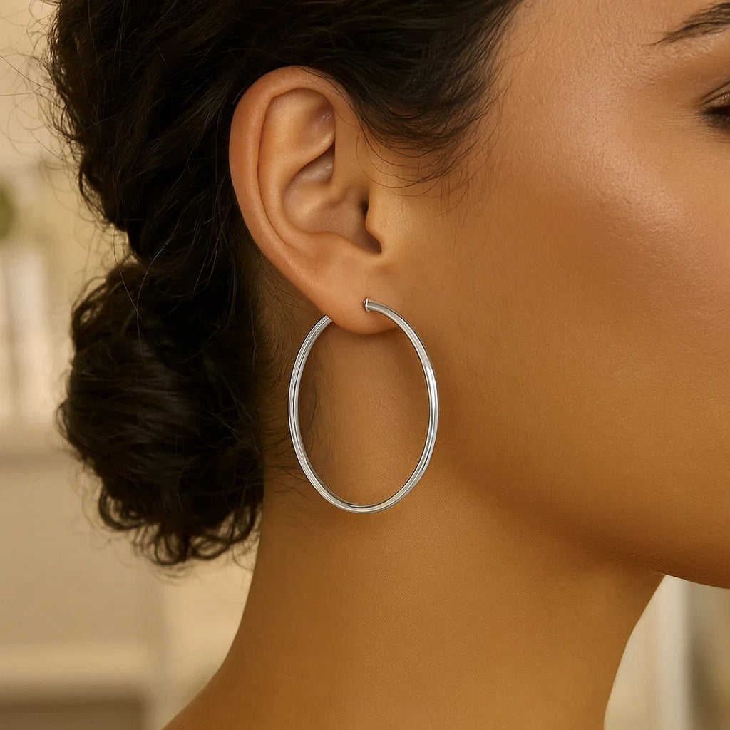 Rhodium Plated Hoop Earrings in Sterling Silver (3x50mm)