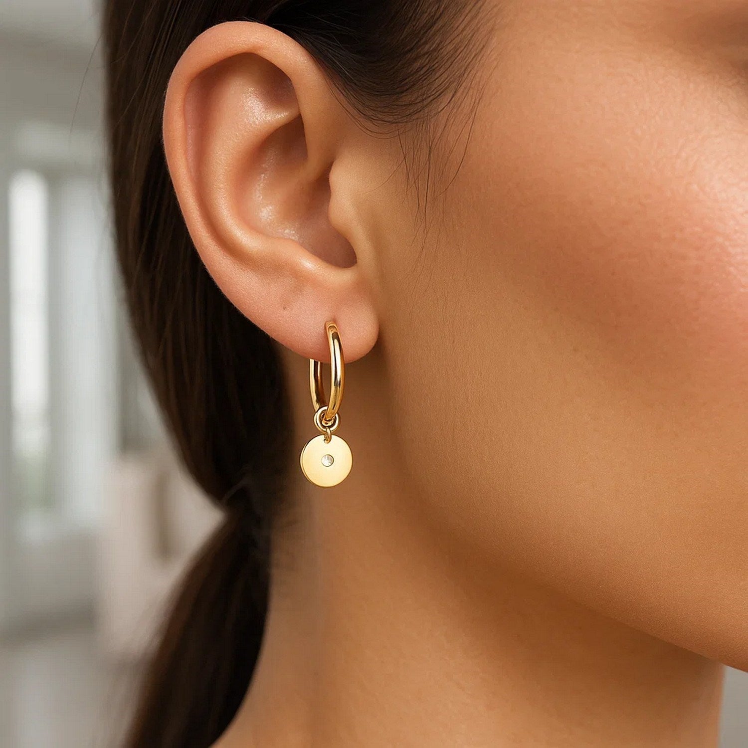 14K Yellow Gold Diamond Disc Charm Hoop Earrings