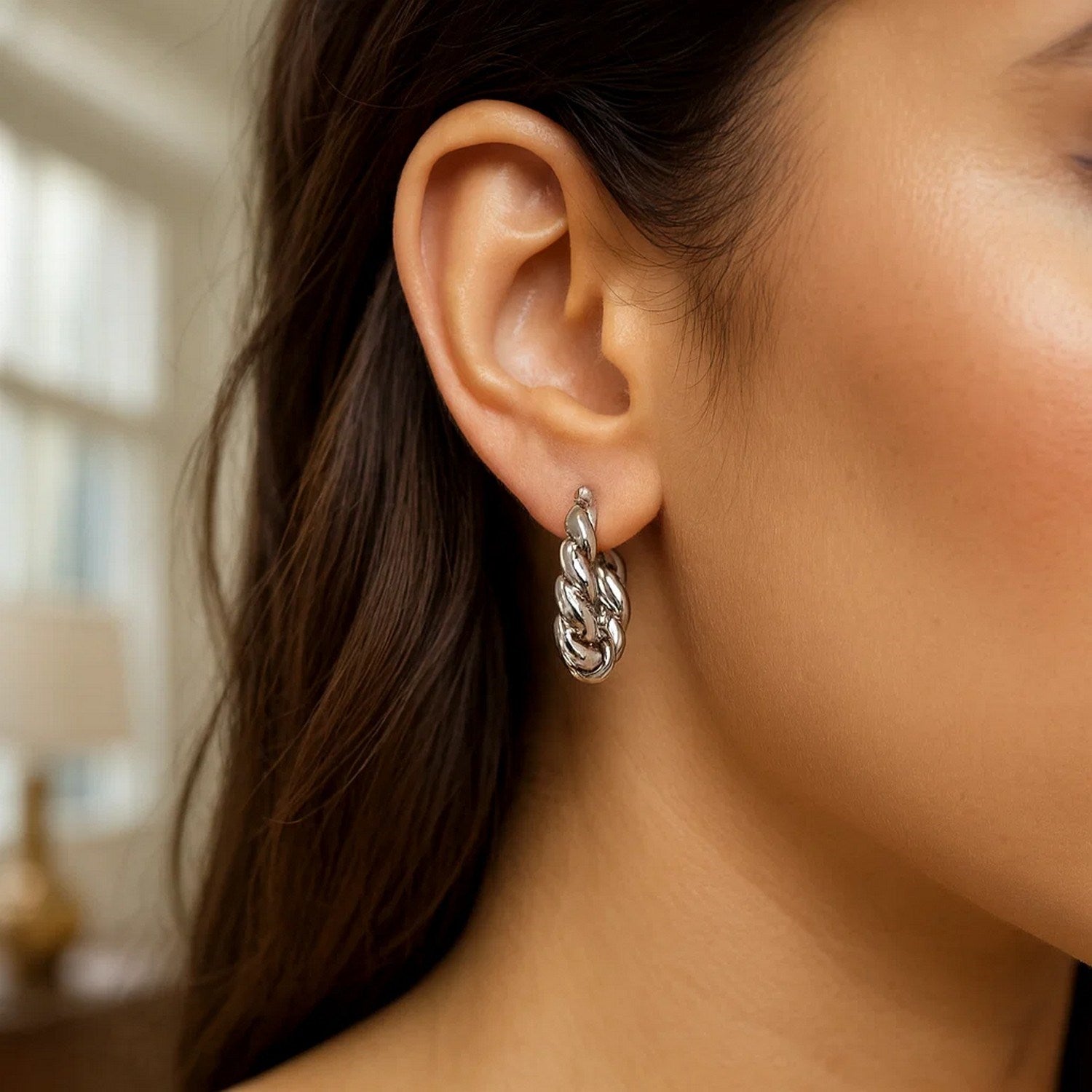 Sterling Silver Rhodium Plated Twisted Hoop Earrings