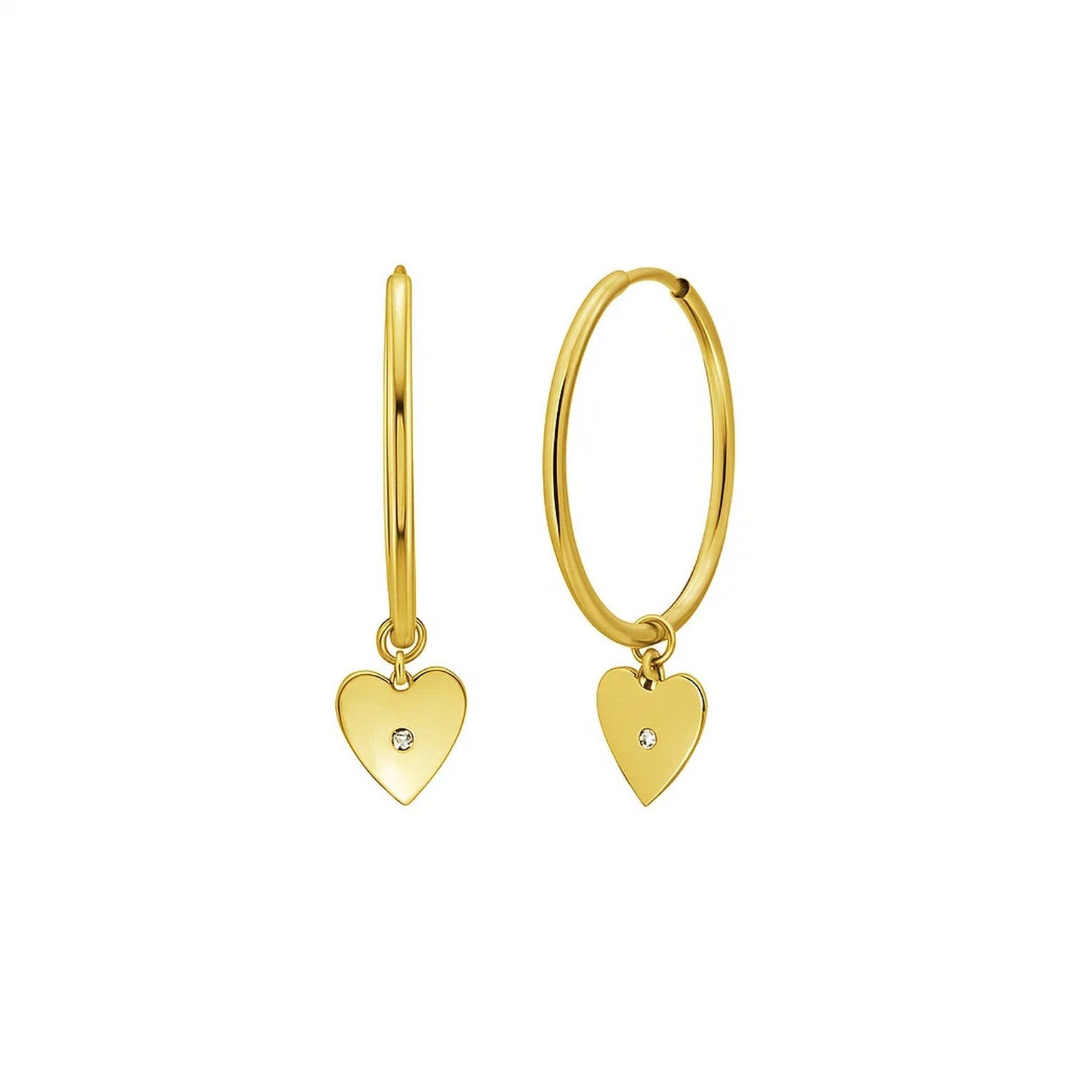 14K Yellow Gold Diamond Heart Charm Hoop Earrings