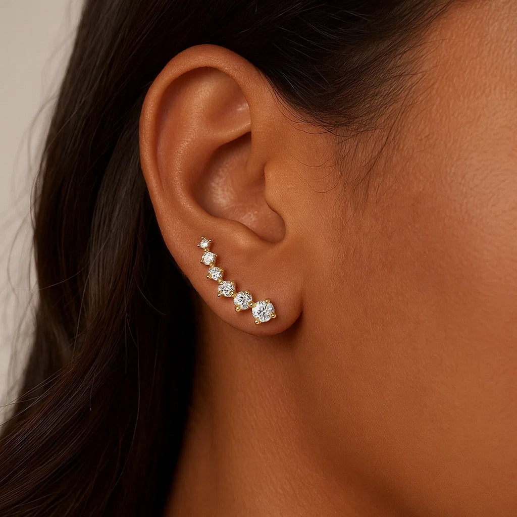 14k Yellow Gold Climber Post Earrings with Cubic Zirconias