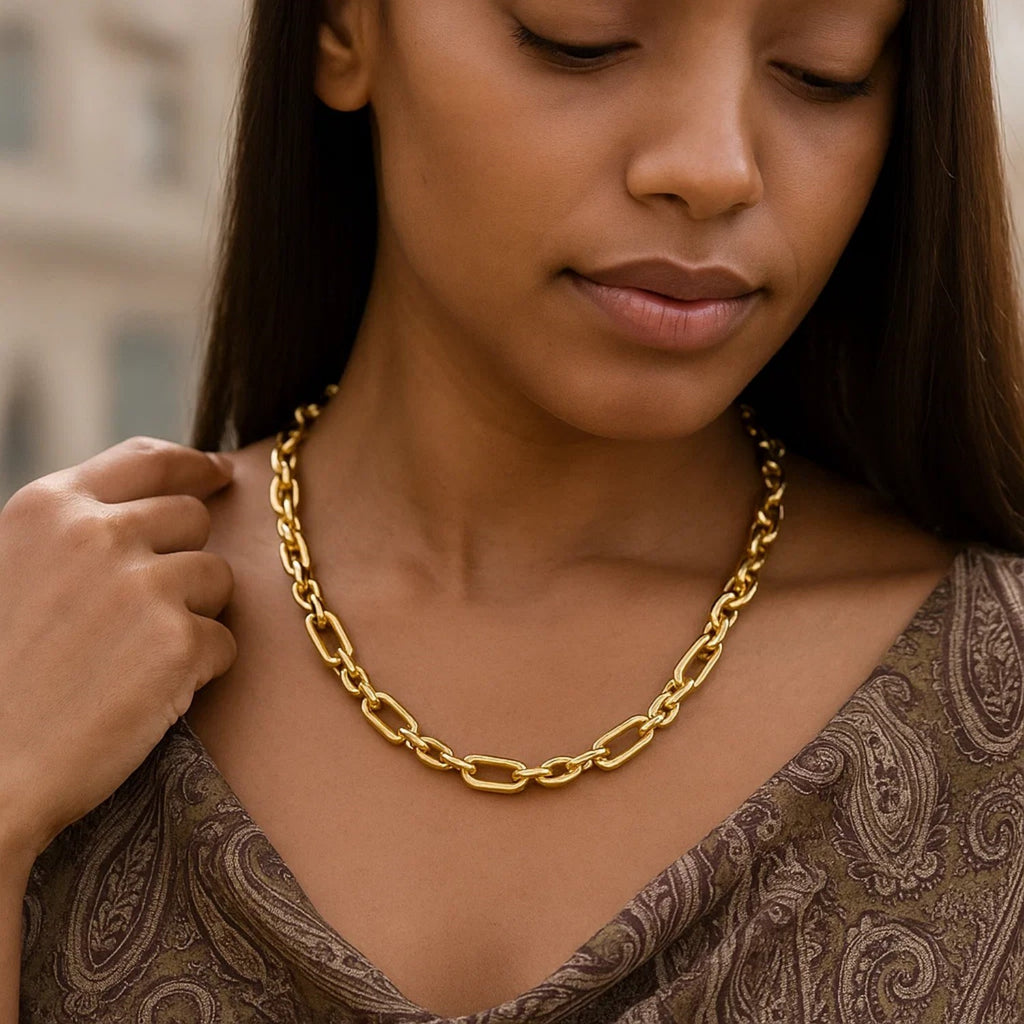 14k Yellow Gold Italian Alternating Paperclip Oval Links Chain Necklace