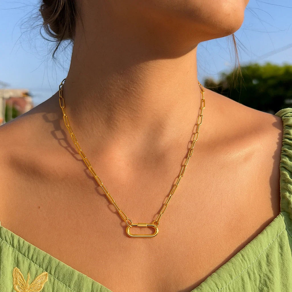 14k Yellow Gold Paperclip Chain Necklace with Oval Carabiner Clasp