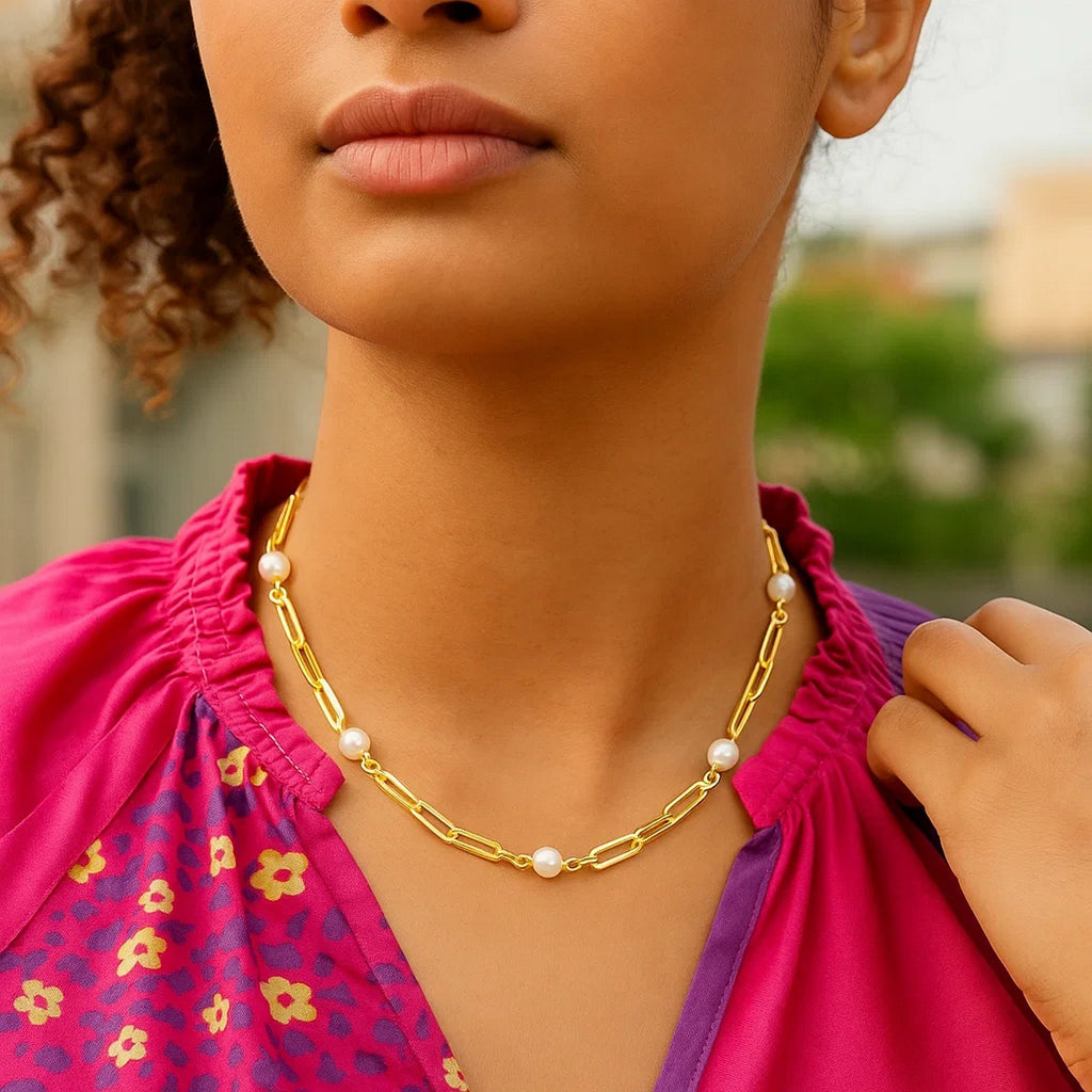 14k Yellow Gold Paperclip Chain and Pearl Necklace