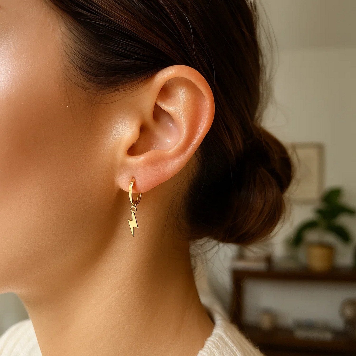 14K Yellow Gold Lighting Bolt Drop Hoop Earrings
