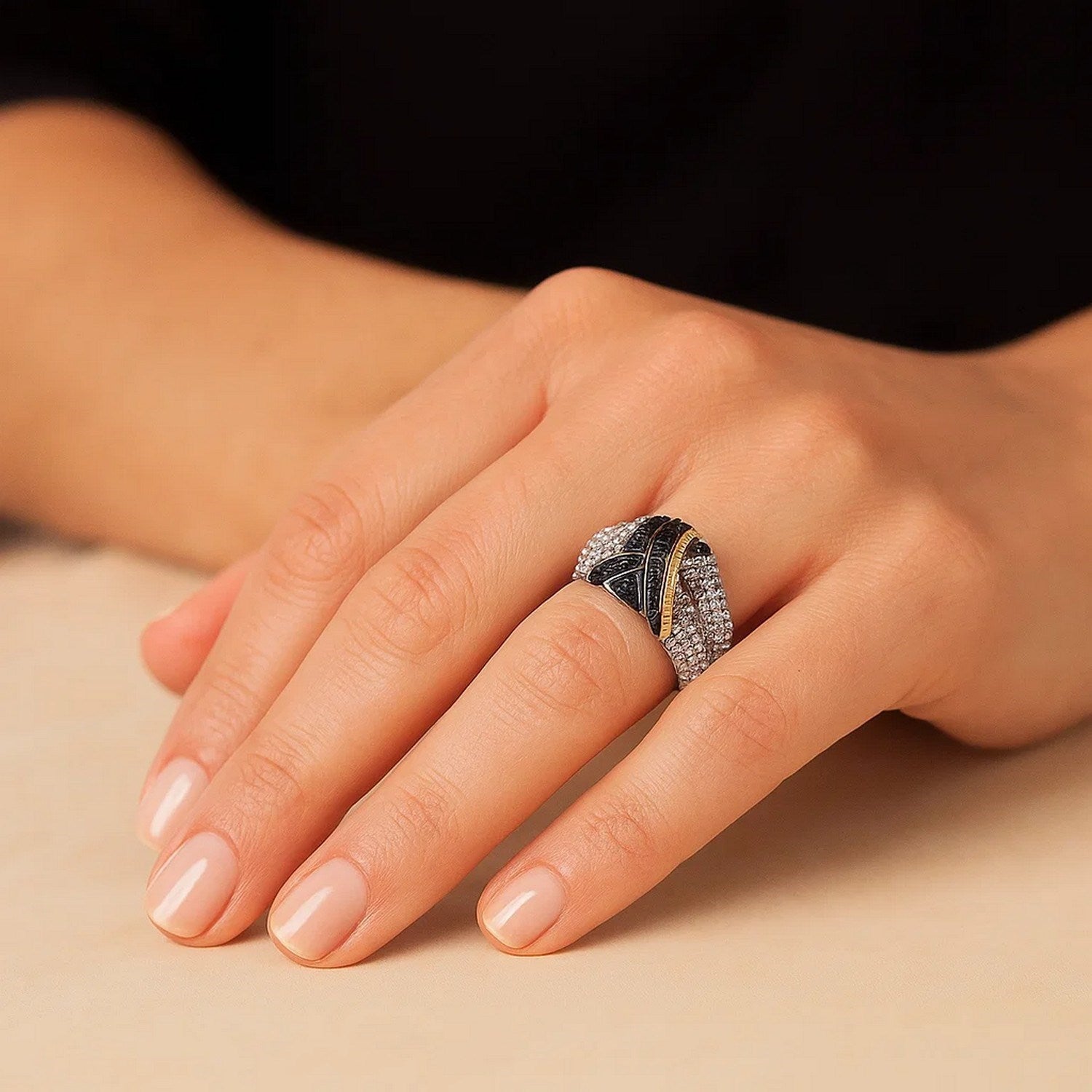 18k Yellow Gold & Sterling Silver Entwined Popcorn Ring with Black Diamonds