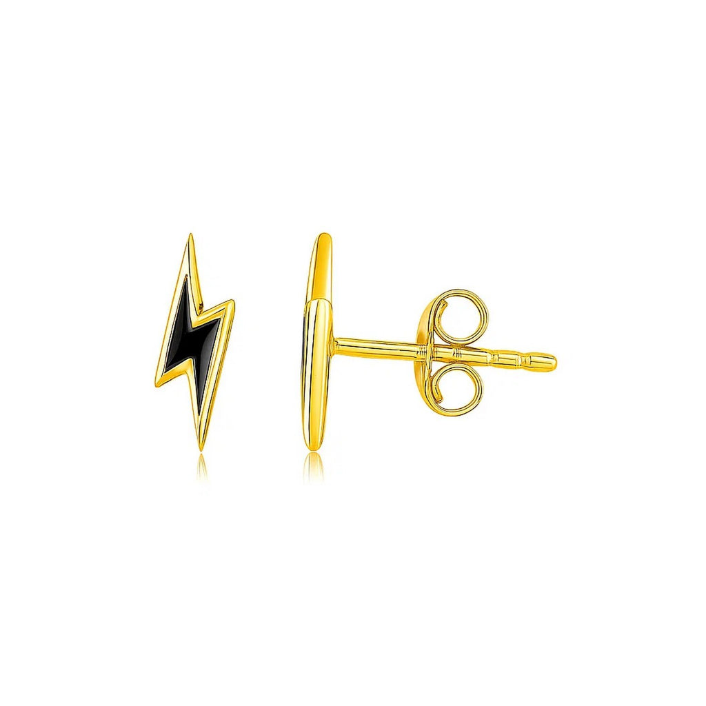 14k Yellow Gold and Enamel Black Lightning Bolt Stud Earrings