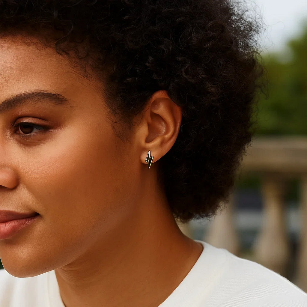 14k Yellow Gold and Enamel Black Lightning Bolt Stud Earrings