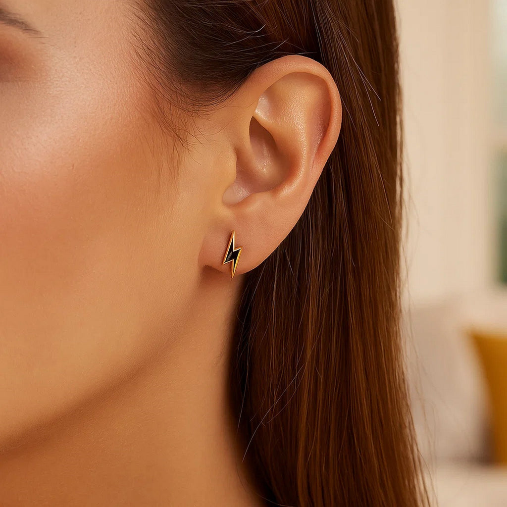 14k Yellow Gold and Enamel Black Lightning Bolt Stud Earrings