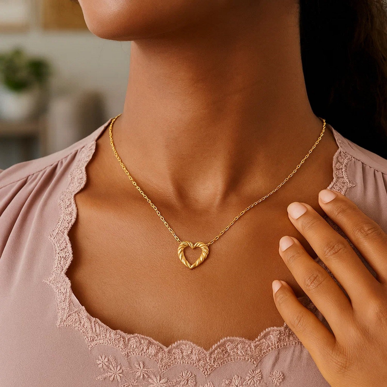14K Yellow Gold Braided Open Heart Necklace