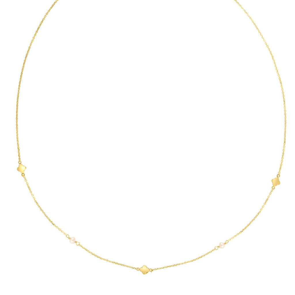 14k Yellow Gold Pearl Clover Necklace