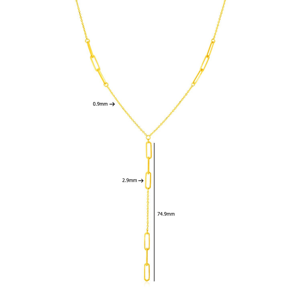 14K Yellow Gold Lariat Necklace with Paperclip Chain Stations