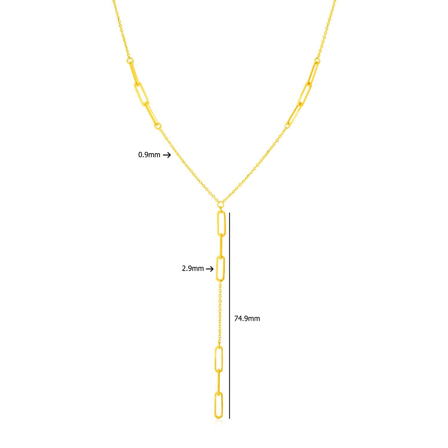 14K Yellow Gold Lariat Necklace with Paperclip Chain Stations