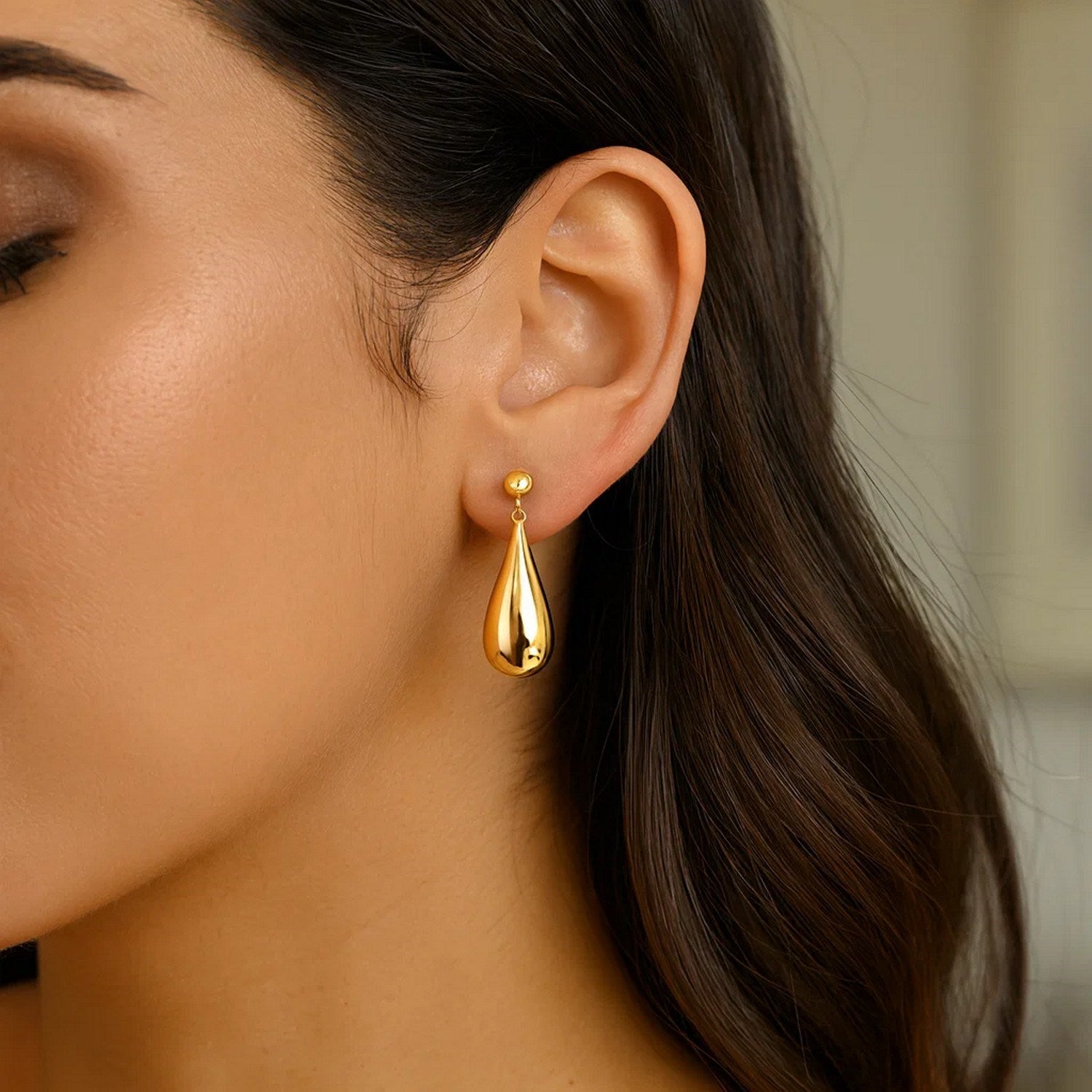 Sterling Silver Yellow Gold Plated Puffed Teardrop Dangle Earrings