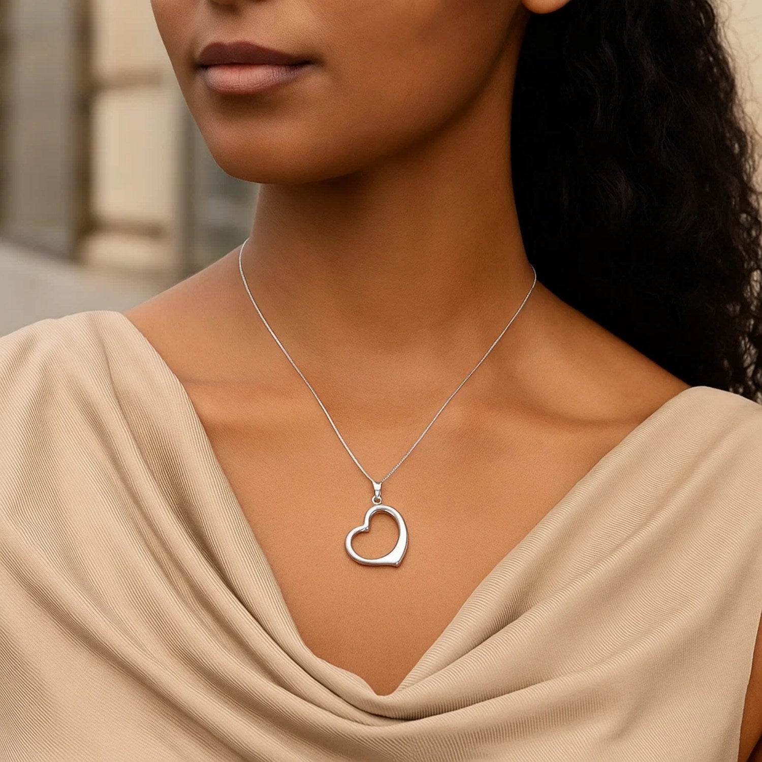 14k White Gold Floating Heart Drop Pendant