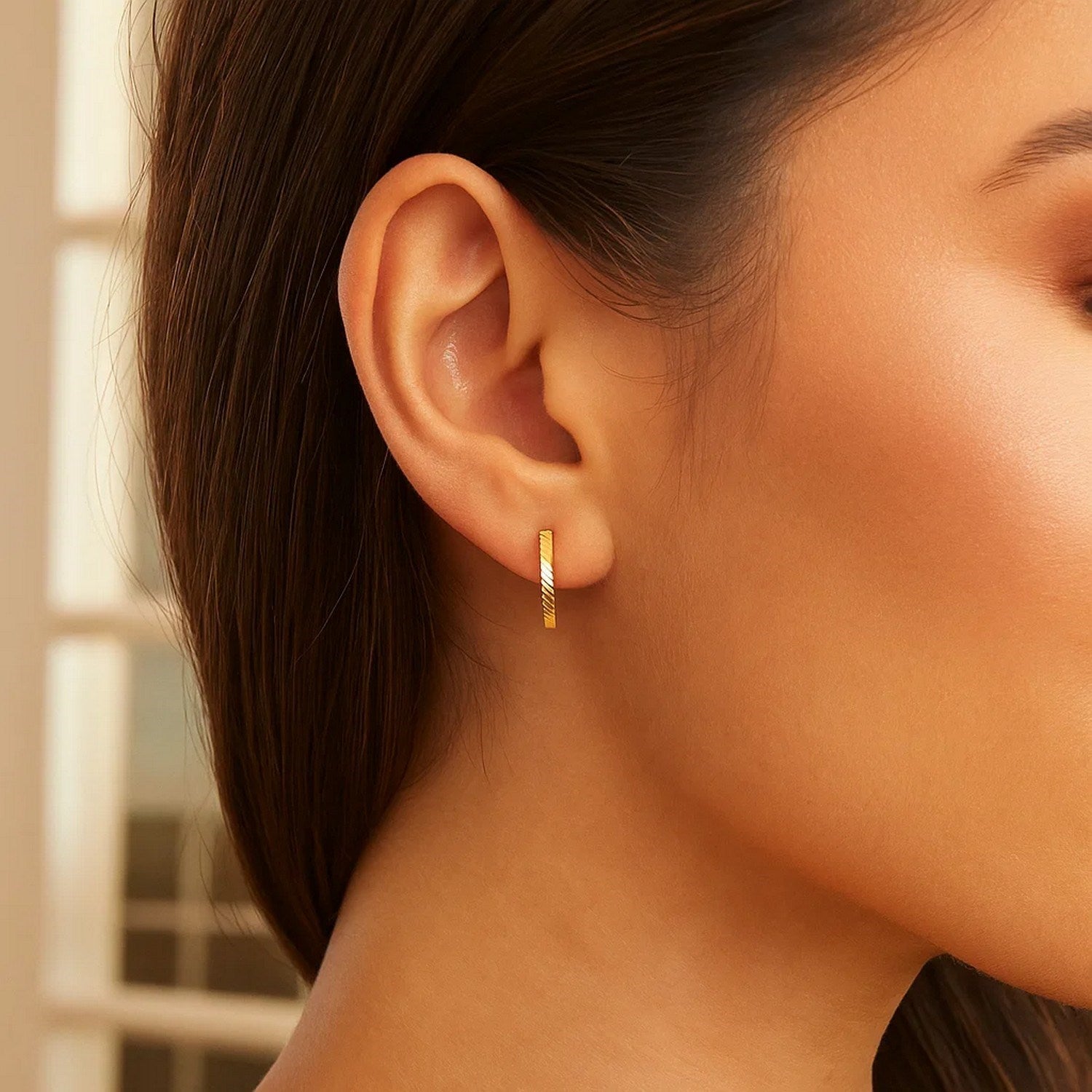 14k Yellow Gold Diamond Cut Textured Huggie Earrings