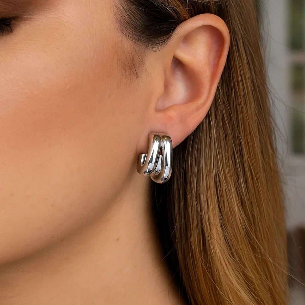 Sterling Silver Double Row Big and Small Hoop Earrings