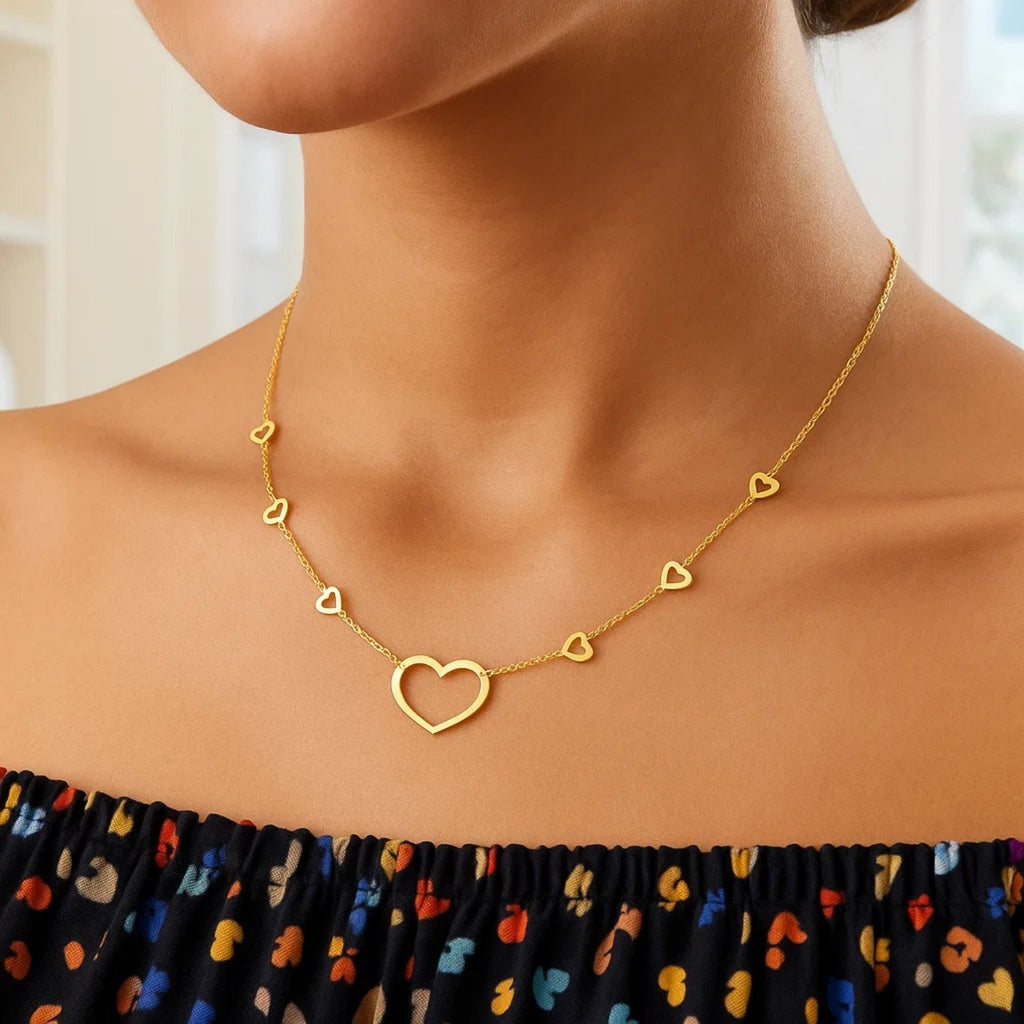 14K Yellow Gold Open Heart Station Necklace