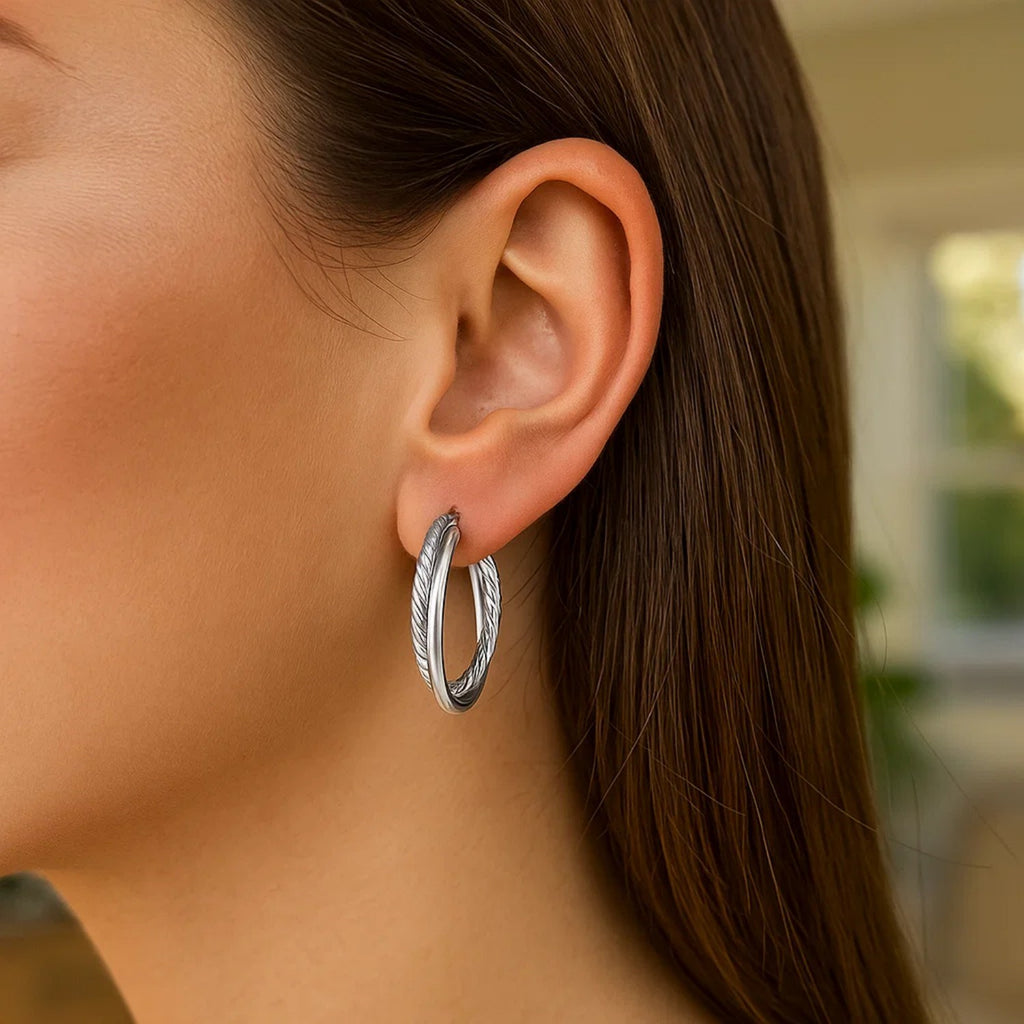 Sterling Silver Ridged Hoop Earrings with Textured Design