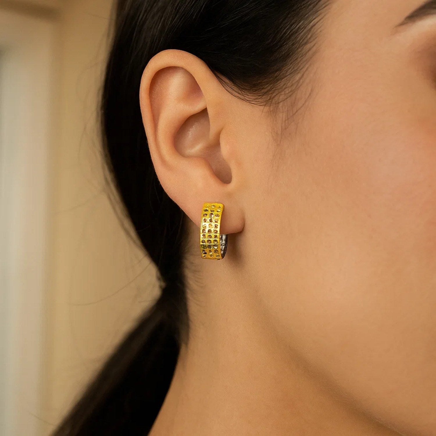 14k Two-Tone Gold Snuggable Earrings with a Mesh Style