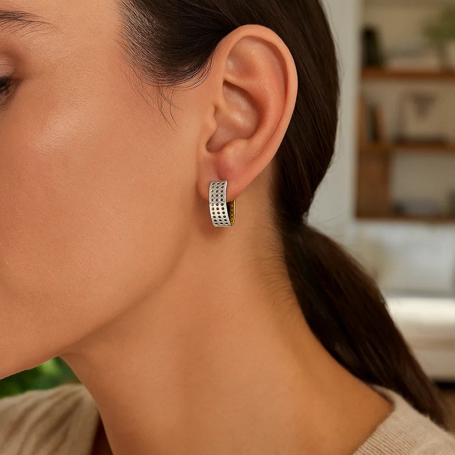 14k Two-Tone Gold Snuggable Earrings with a Mesh Style