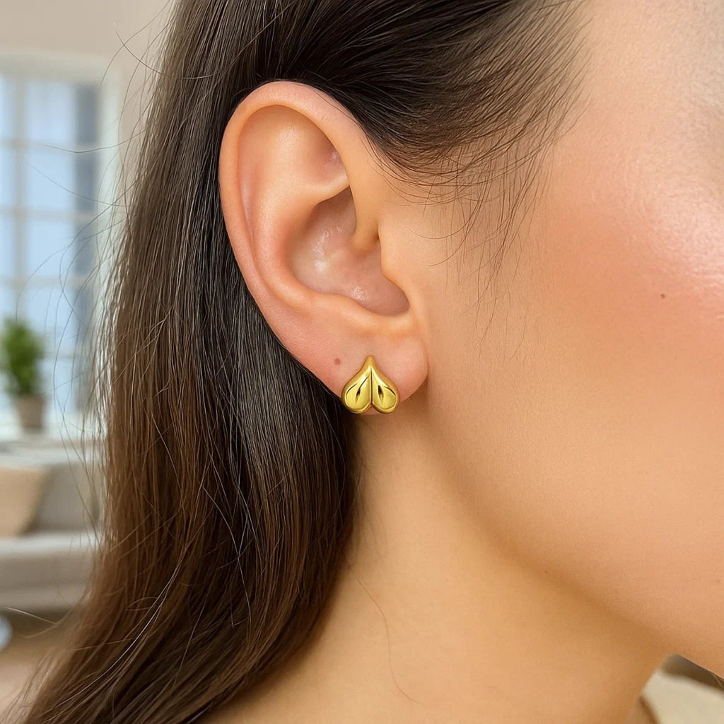 14K Yellow Gold Puffed Bubble Heart Stud Earrings