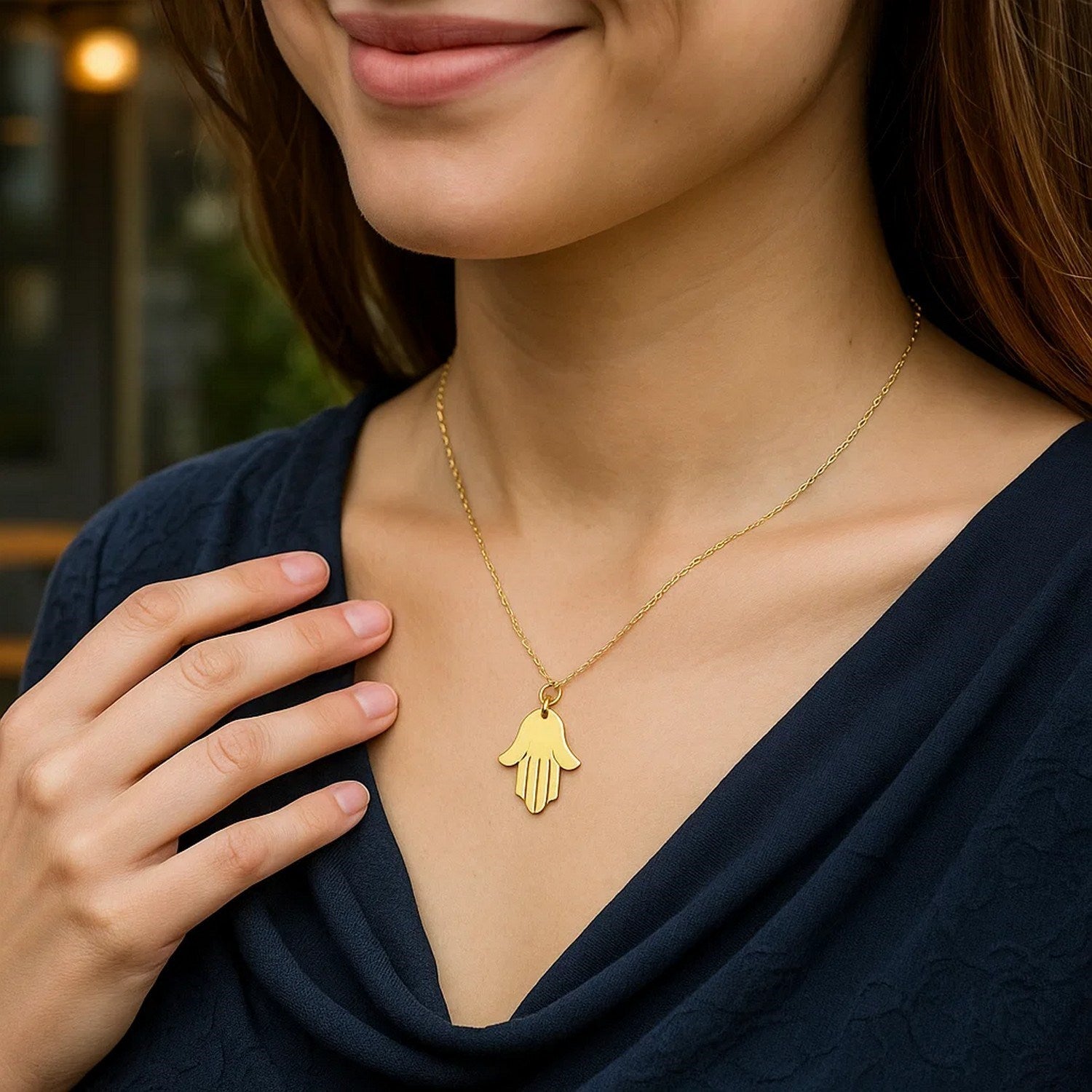 14K Yellow Gold Hand of Hamsa Necklace