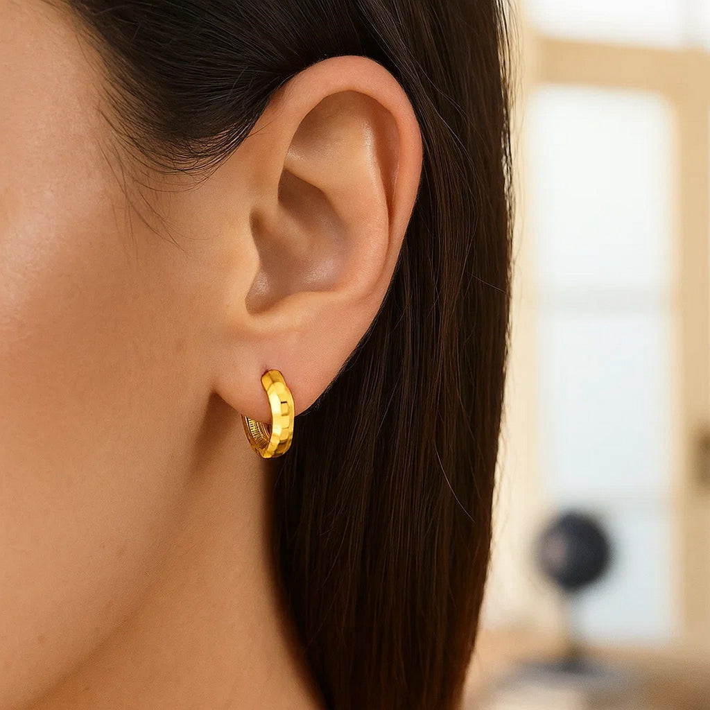 14K Yellow Gold Checkerboard Huggie Hoop Earrings