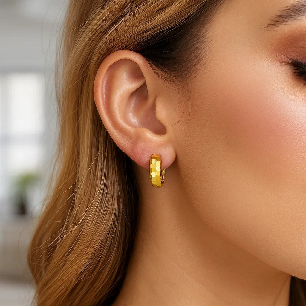 14K Yellow Gold Checkerboard Huggie Hoop Earrings