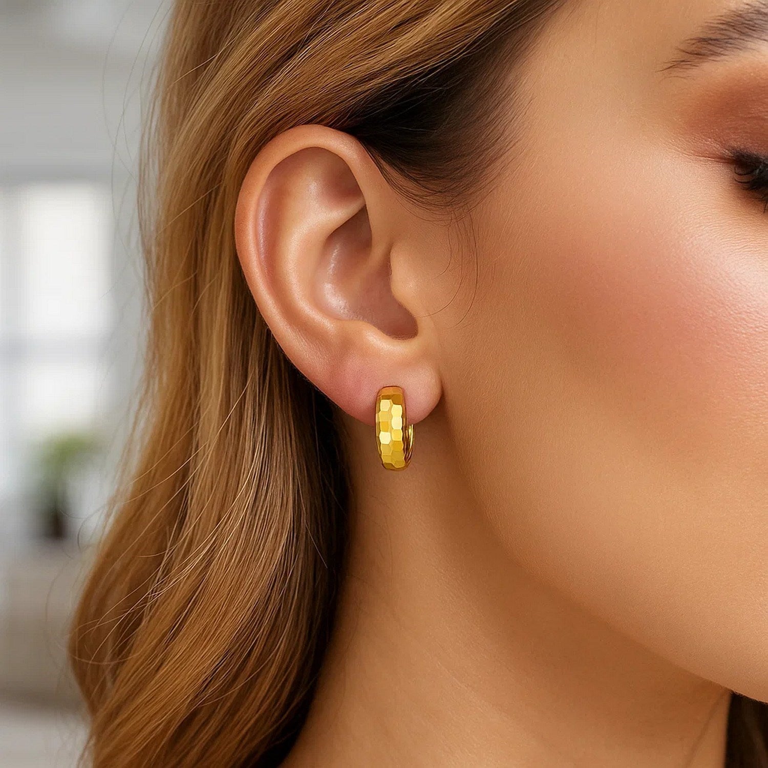 14K Yellow Gold Checkerboard Huggie Hoop Earrings