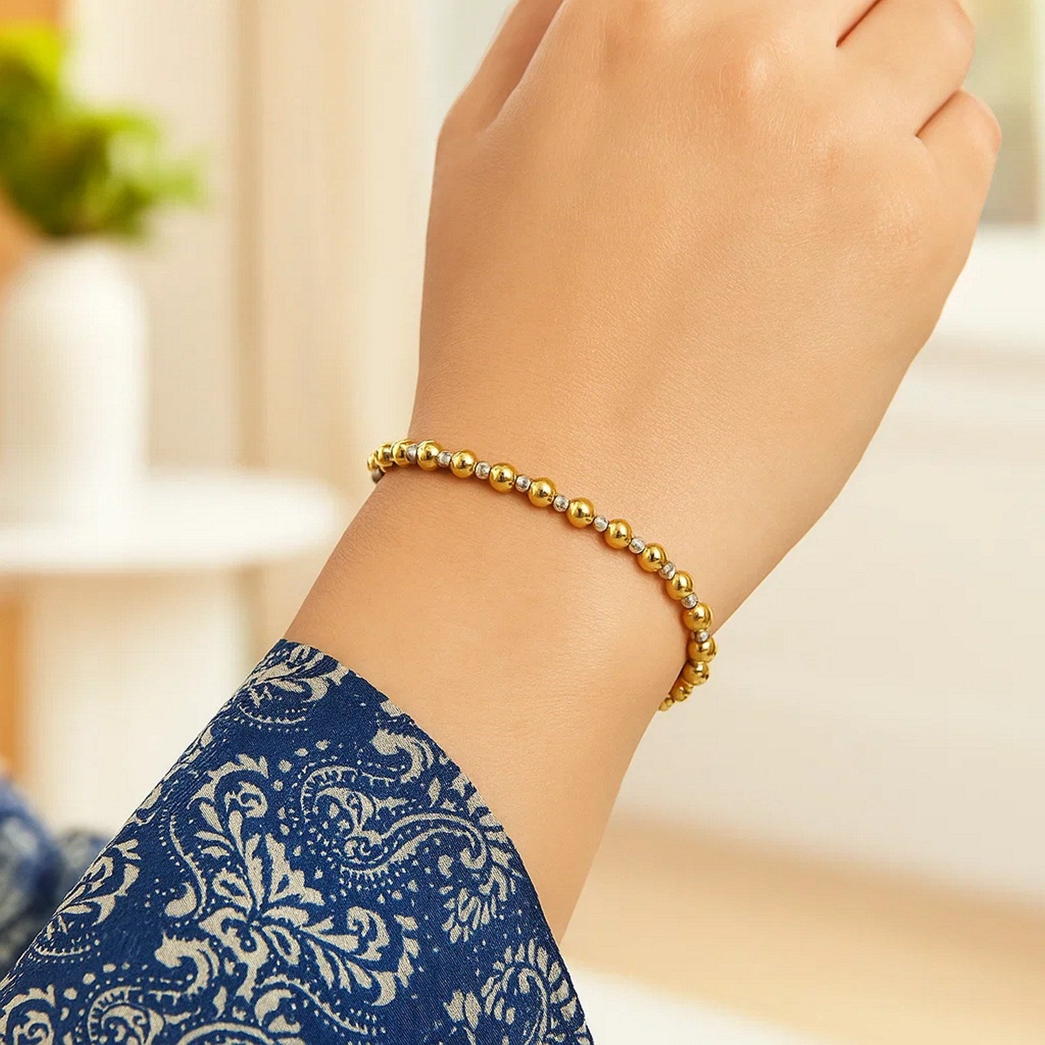 Two Tone Beaded Chain Bracelet in 14K Gold (4.00 mm)