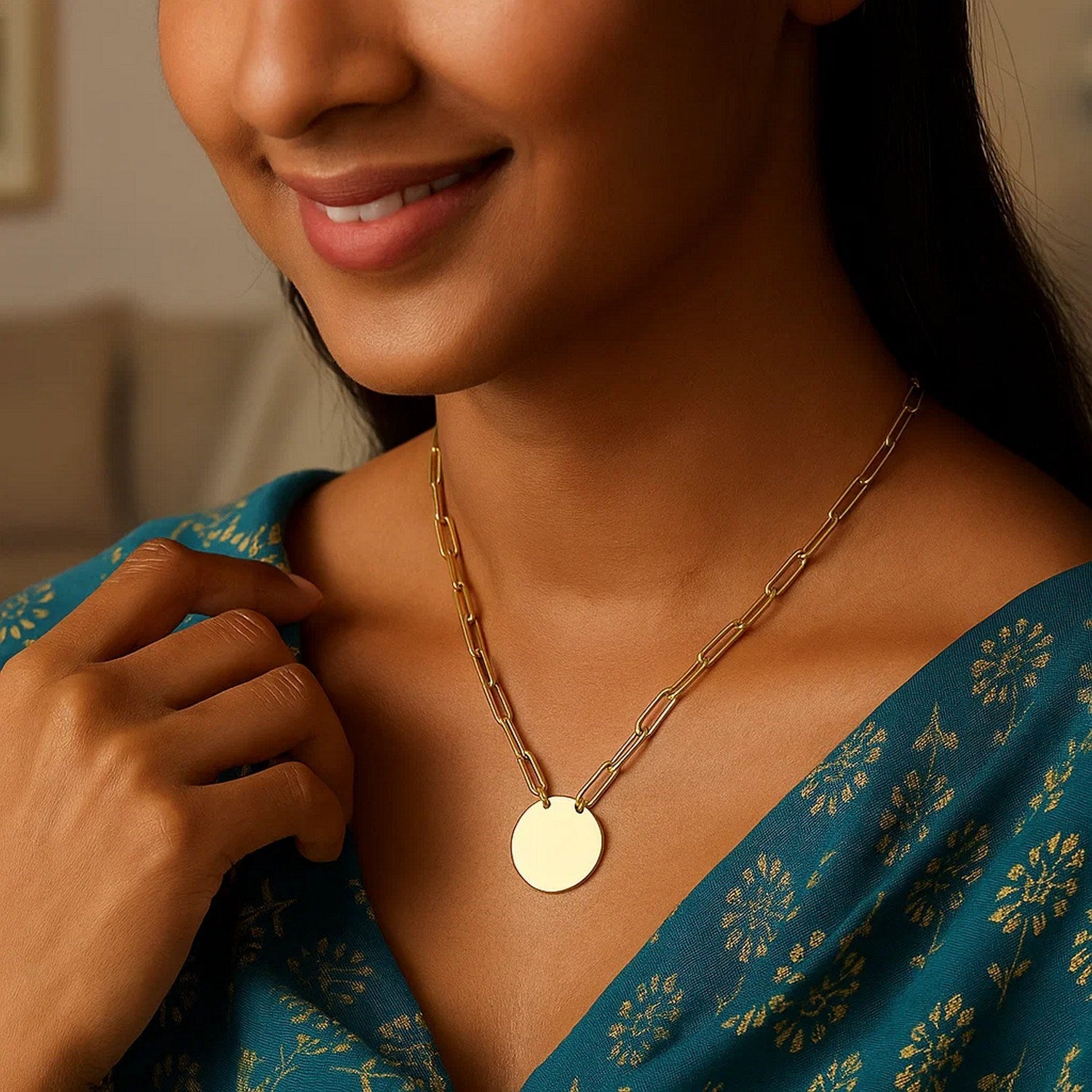 14k Yellow Gold High Polish Circle Disc Paperclip Link Necklace