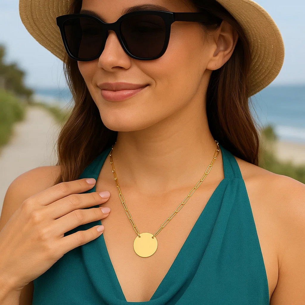 14k Yellow Gold High Polish Circle Disc Paperclip Link Necklace