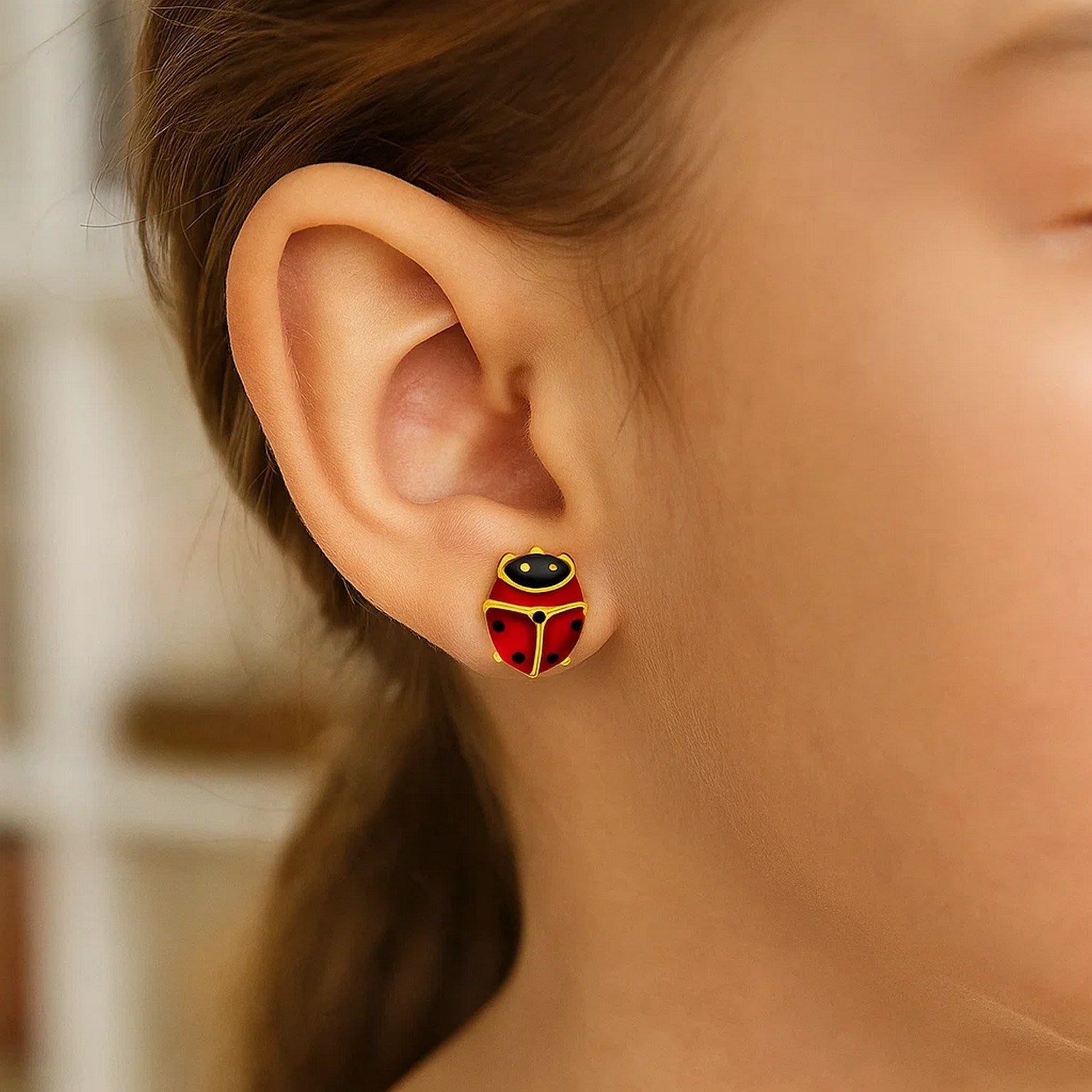14K Yellow Gold Lady Bug Earrings