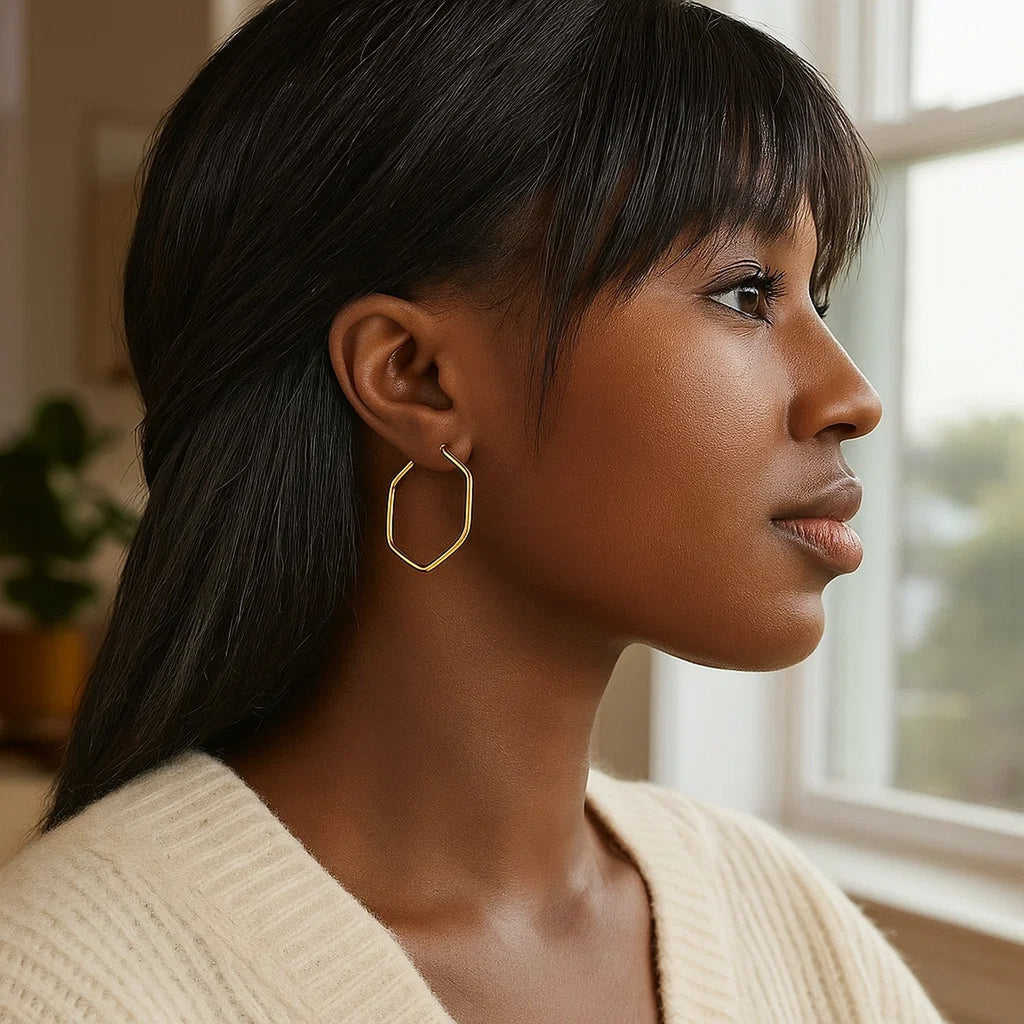14K Yellow Gold Hexagon Hoop Rounded Edge Earrings