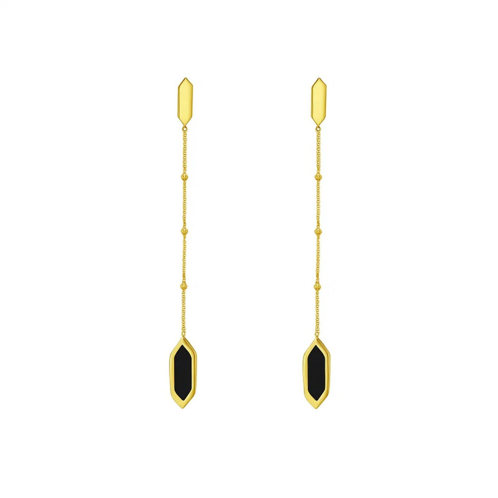 14K Yellow Gold Hexagon Onyx Drop Earrings
