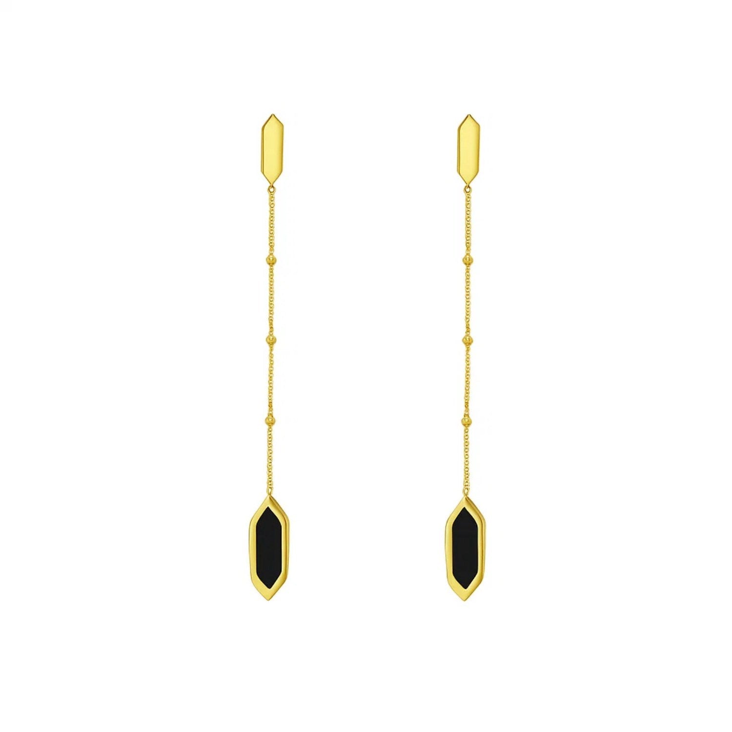 14K Yellow Gold Hexagon Onyx Drop Earrings