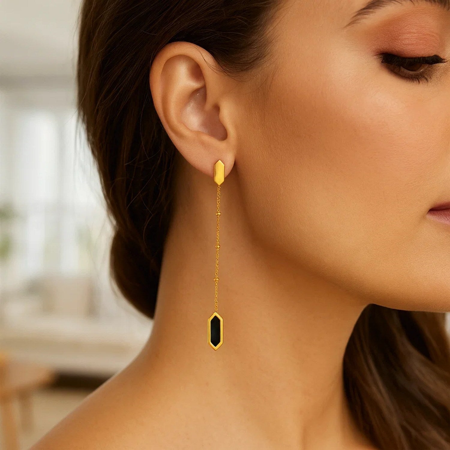 14K Yellow Gold Hexagon Onyx Drop Earrings