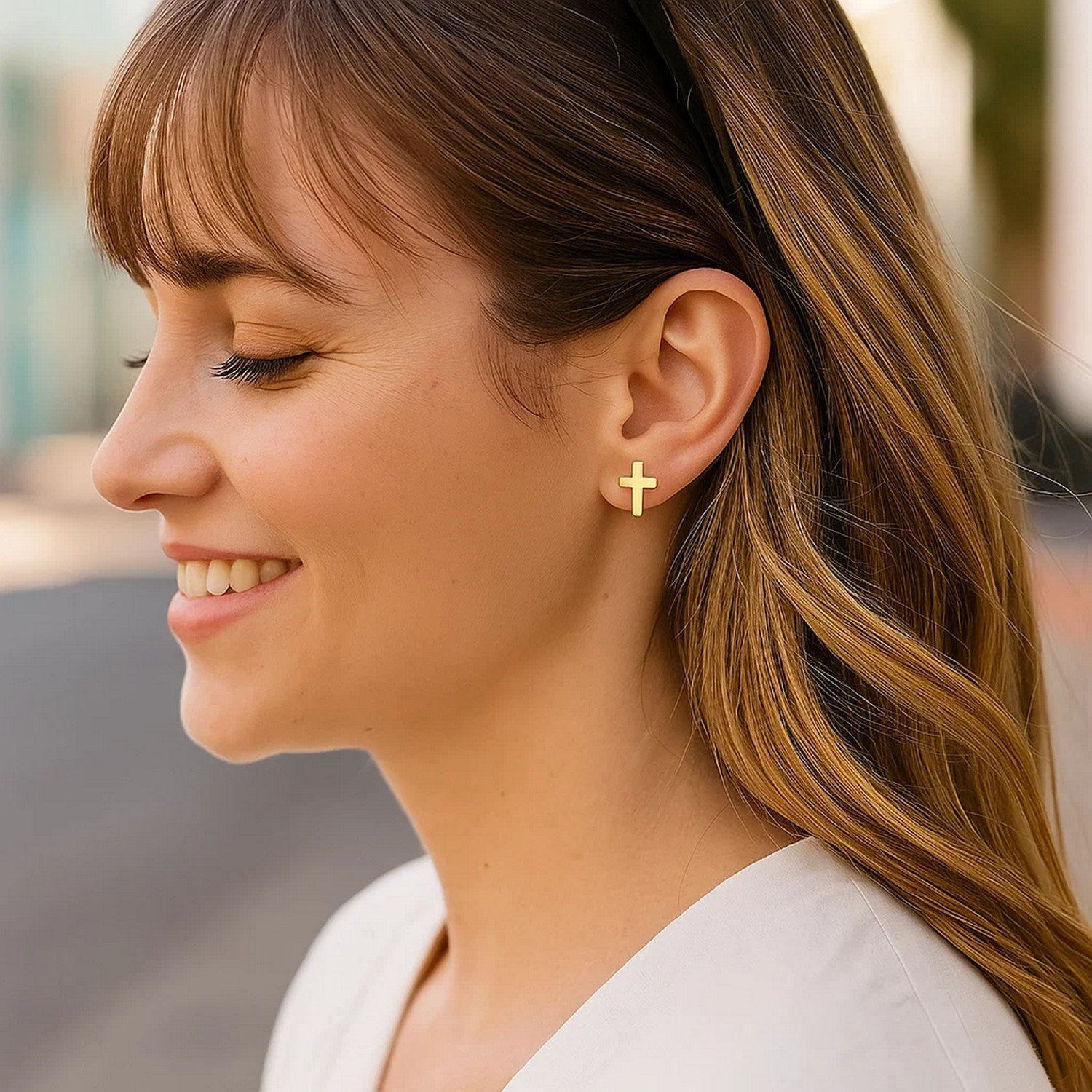 14k Yellow Gold Post Earrings with Crosses