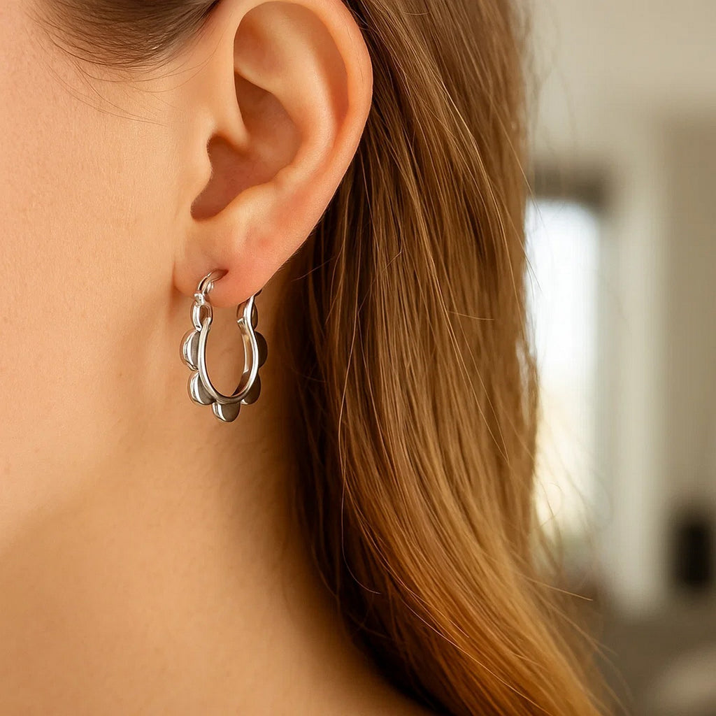 14k White Gold Scalloped Hoop Earrings