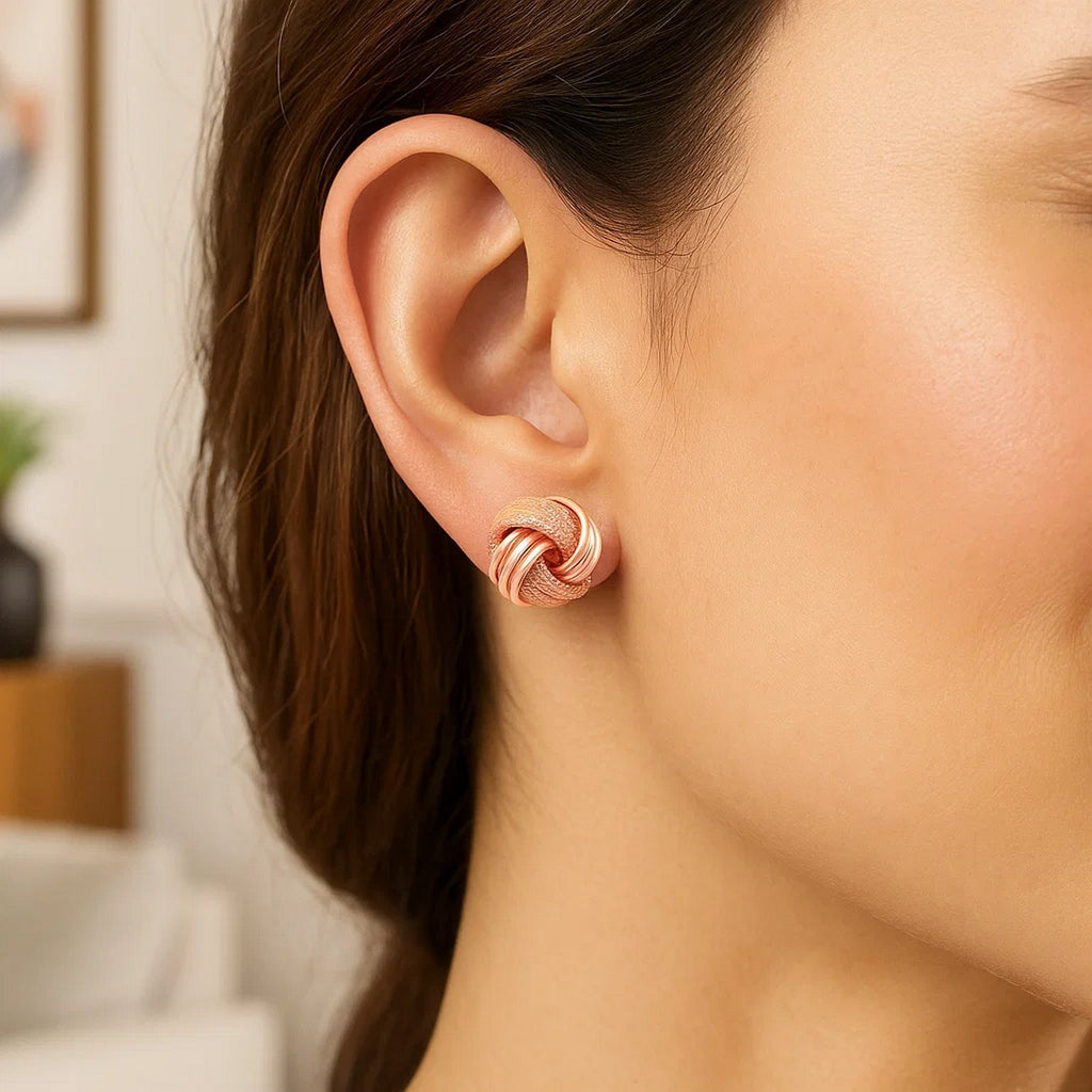 14k Rose Gold Love Knot with Ridge Texture Earrings